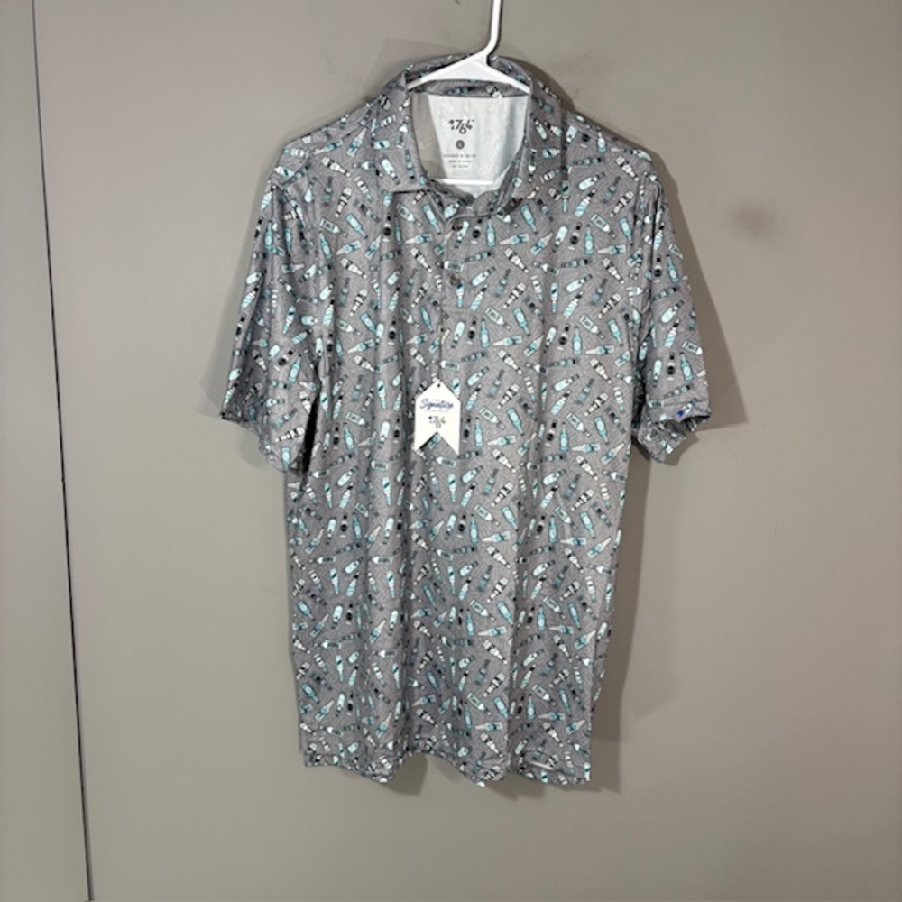 1764 Polo Shirt Mens L Gray Beer For Lyfe Golf Graphic Print Stretch Top